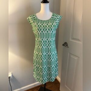 Jean-Pierre Klifa Celtic Green White Cap Sleeves Stretch Sheath MIDI Size M NWOT